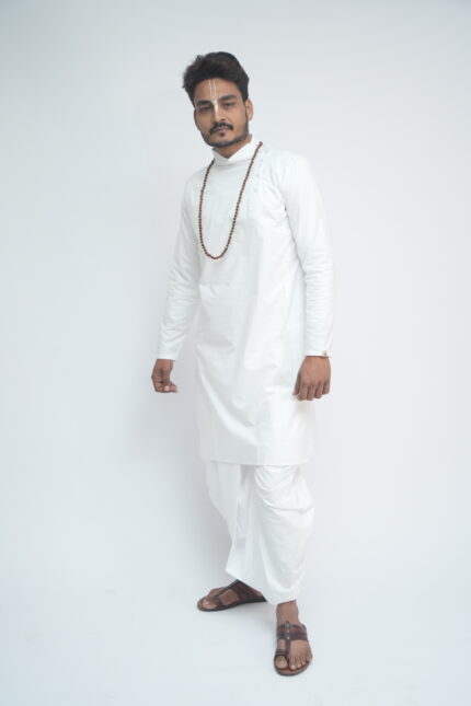 White Cotton Kurta Side Design Wooden